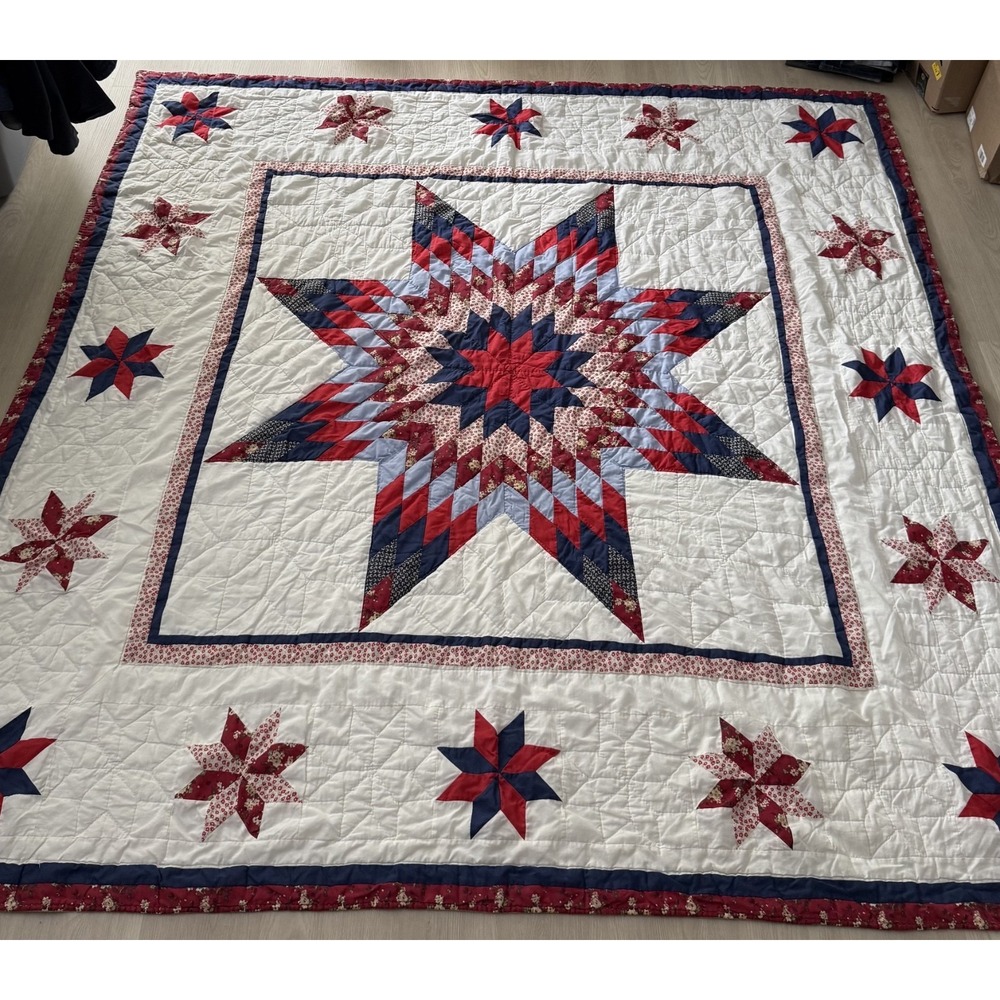 Red White And Blue Patriotic Lone Star Prairie Star Handmade Quilt 84" x 84"